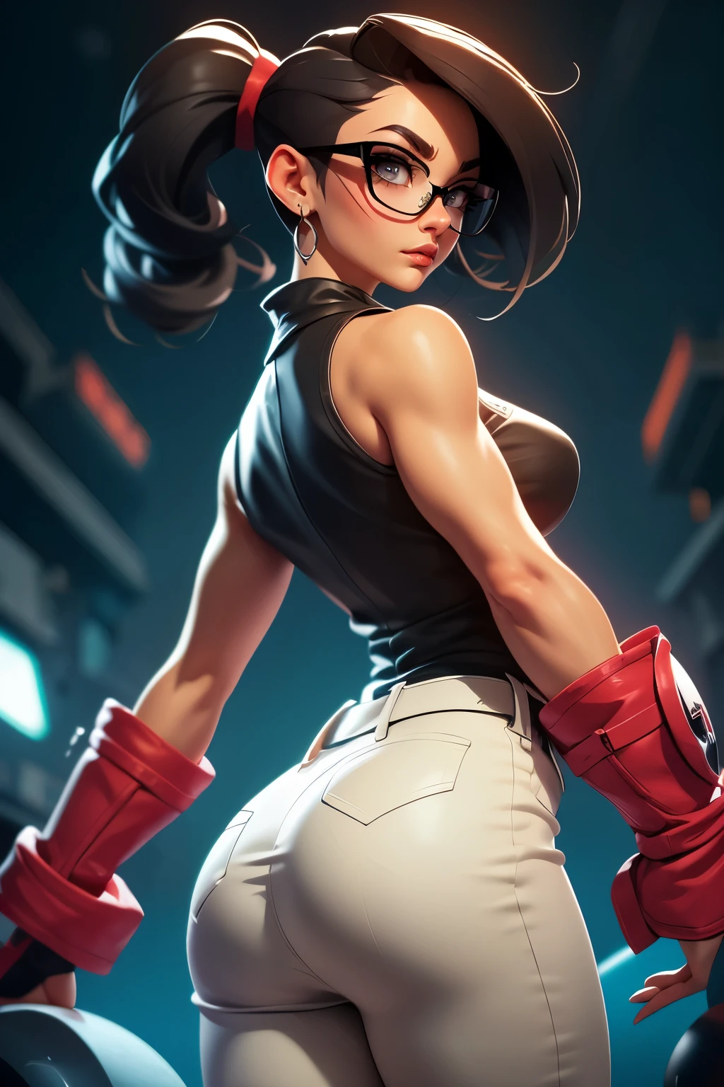 Wide angle shot, rear view, beautiful female street fighter, wearing large glasses, black undercut hair, wearing large steel knuckles