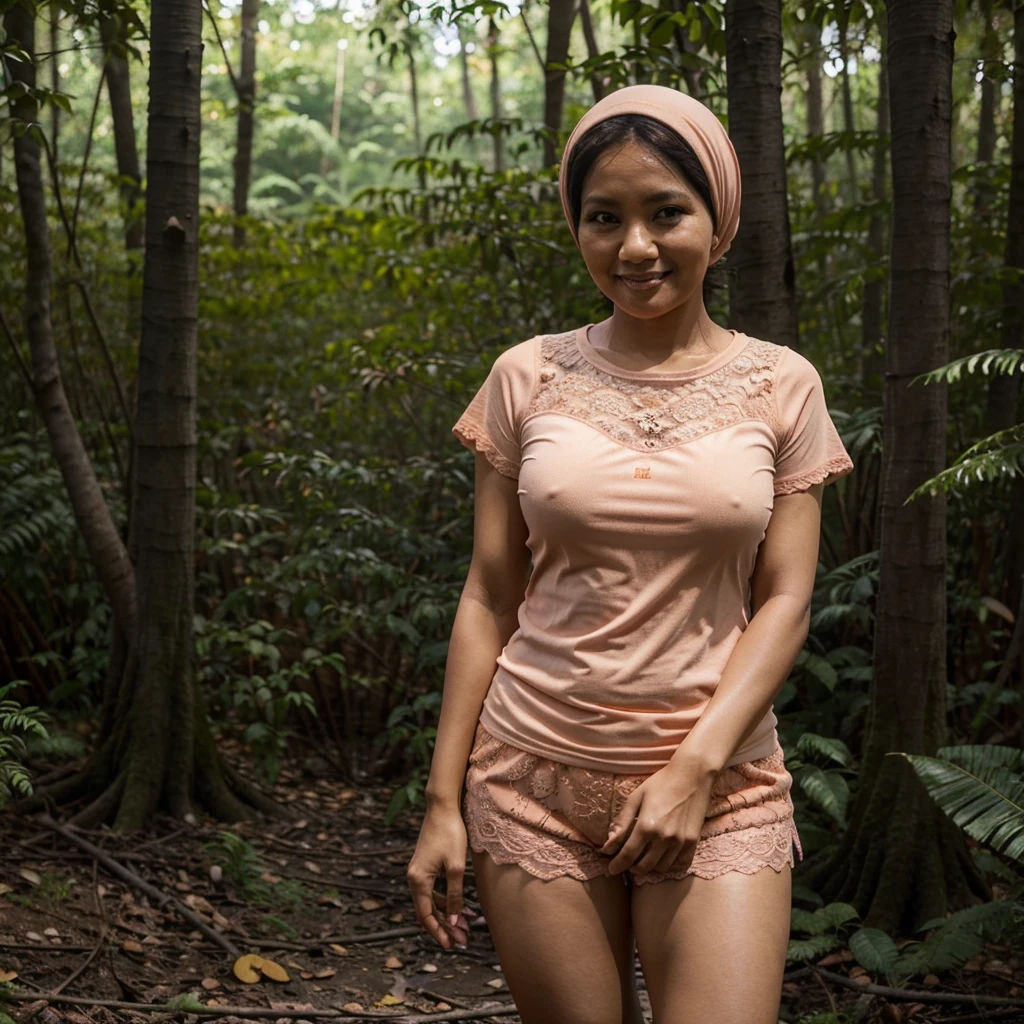 A 52 years old Indonesian woman in peach color hijab, wearing peach color lace tight t-shirt, wearing very short peach color lace shorts, villager, poor woman, darker skin, curvier body, short body, smiling and standing in a dark forest, look to the viewer with eye close