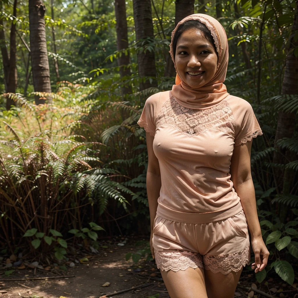 A 52 years old Indonesian woman in peach color hijab, wearing peach color lace tight t-shirt, wearing very short peach color lace shorts, villager, poor woman, darker skin, curvier body, short body, smiling and standing in a dark forest, look to the viewer with eye close