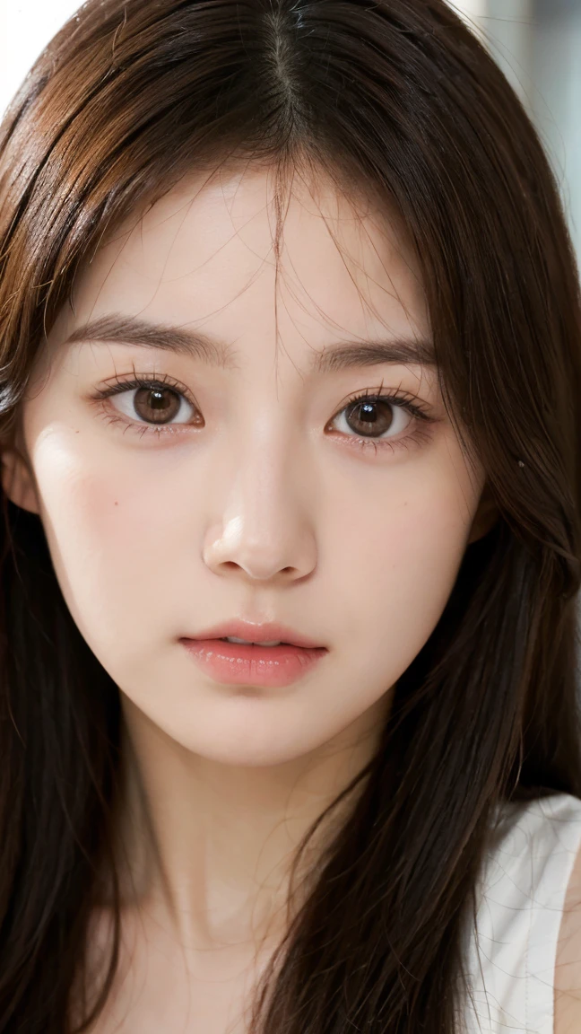 young girl , beautiful face, cute face, sharp nose, closed mouth, brown hair, messy hair, beautiful eyes, pale skin, white skin, focus face, close up head, from front, front face