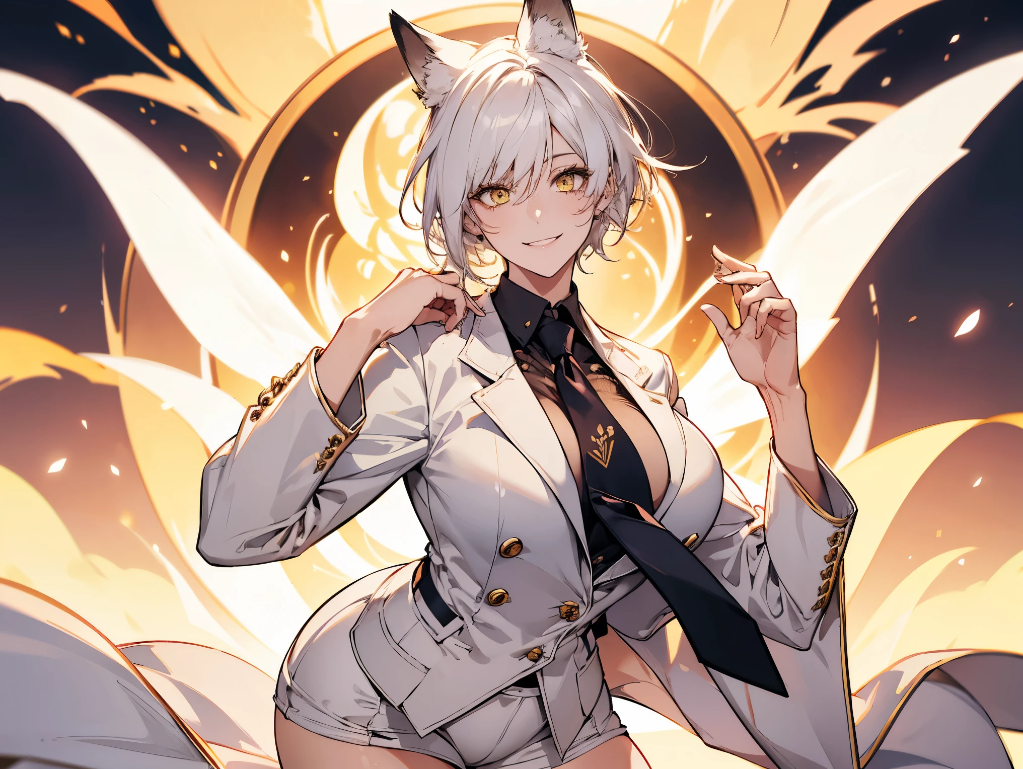 1female, teacher, wearing a white suit, pink tie, bootyshorts, Thicc, big breast, white hair, white fox ears, short hair, yellow eyes, face to detail, detailed eyes, the background is a pizzaria, smiling