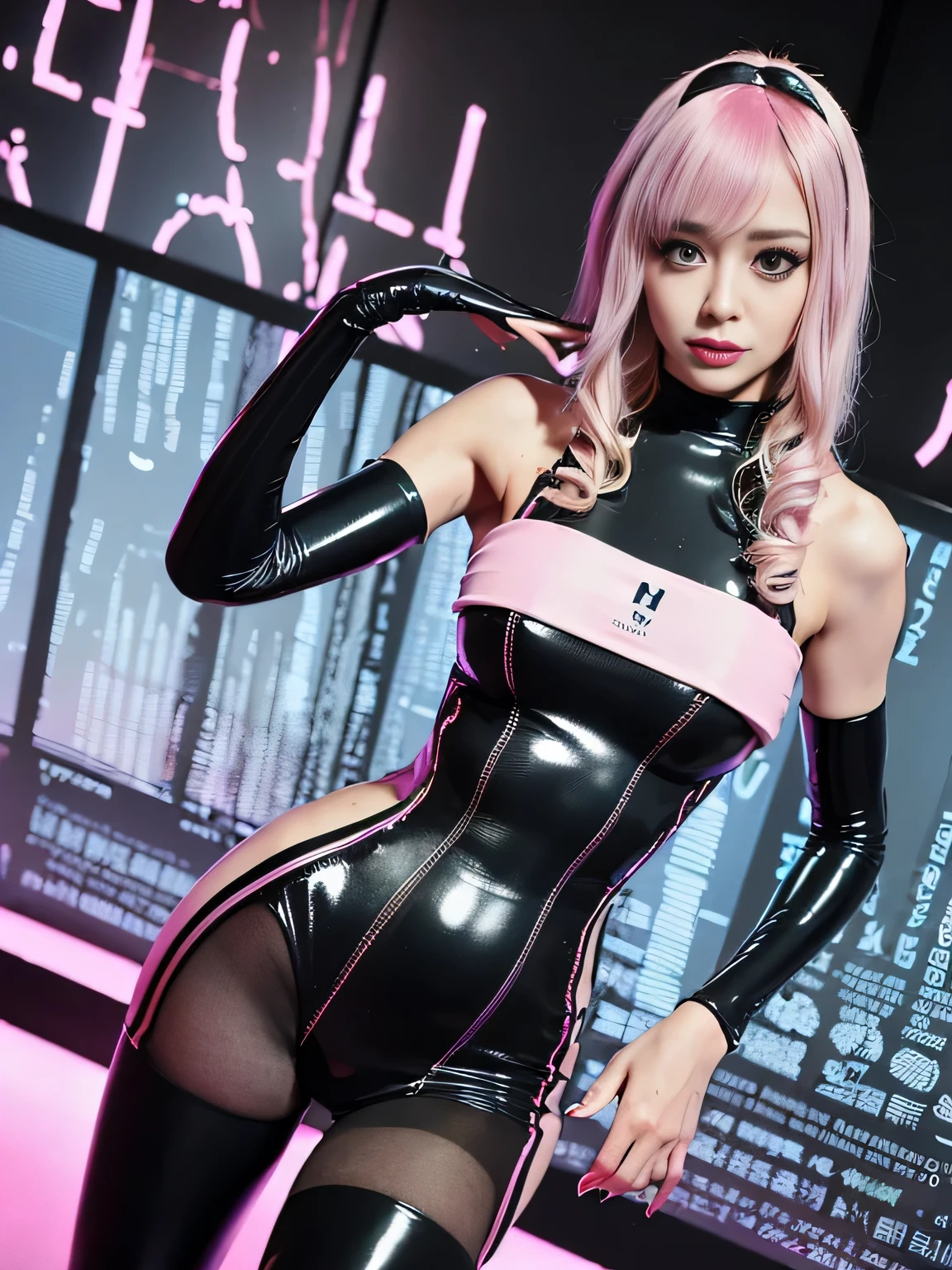 (best quality:2), (realistic, photo-realistic:2), (High-definition face drawing:1.3), (masterpiece:1.1), (in the style of glitch:1.3), (sexy pose:1.1), (armpit:1.3), (short hair:1), gal.safetensors, headdress, choker, garter belt and stockings, corset, cloak, (latex long gloves:1), (one piece tight latex suit:1.2), (cyberpunk jacket:1.2), (Wear black and pink:1.1)