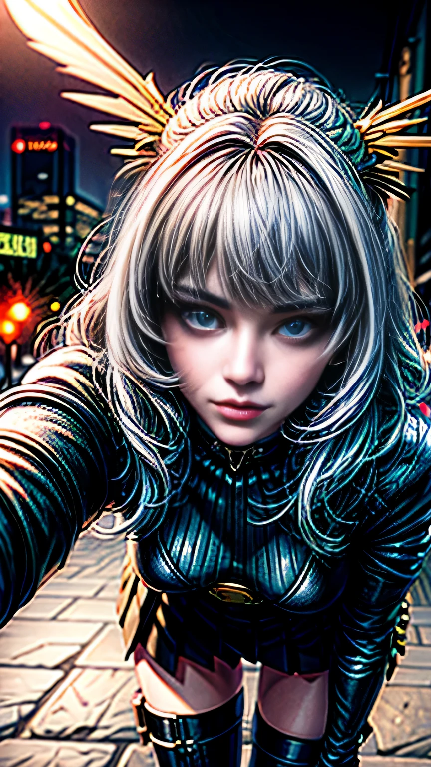 (((close up of face))), highest quality, realistic, realistic, award-winning illustrations, (intricate details: 1.2), (delicate details), (intricate details), (cinematic light, highest qualityのバックライト), clear line, sharp focus, official art, unity 8k wallpaper, absurd, incredibly absurd, Large archive files, Ultra- (in_main visual_street: 1.21), (neon lamp), fantasy art, nffsw, ((Close-up photos of the award-winning Studio Triangle)),  1 girl, incredibly beautiful, (Perfect smiling mouth), small breasts,((cyberpunk cityscape, Valkyrie,knife, robot arm)),Precise in beautiful eyes,perfect face,(cyberpunk blouse, leather jacket, Martin Boots),(perfect hands and fingers),(pleated skirt)), ((Supermodel Bag)), close up of face,