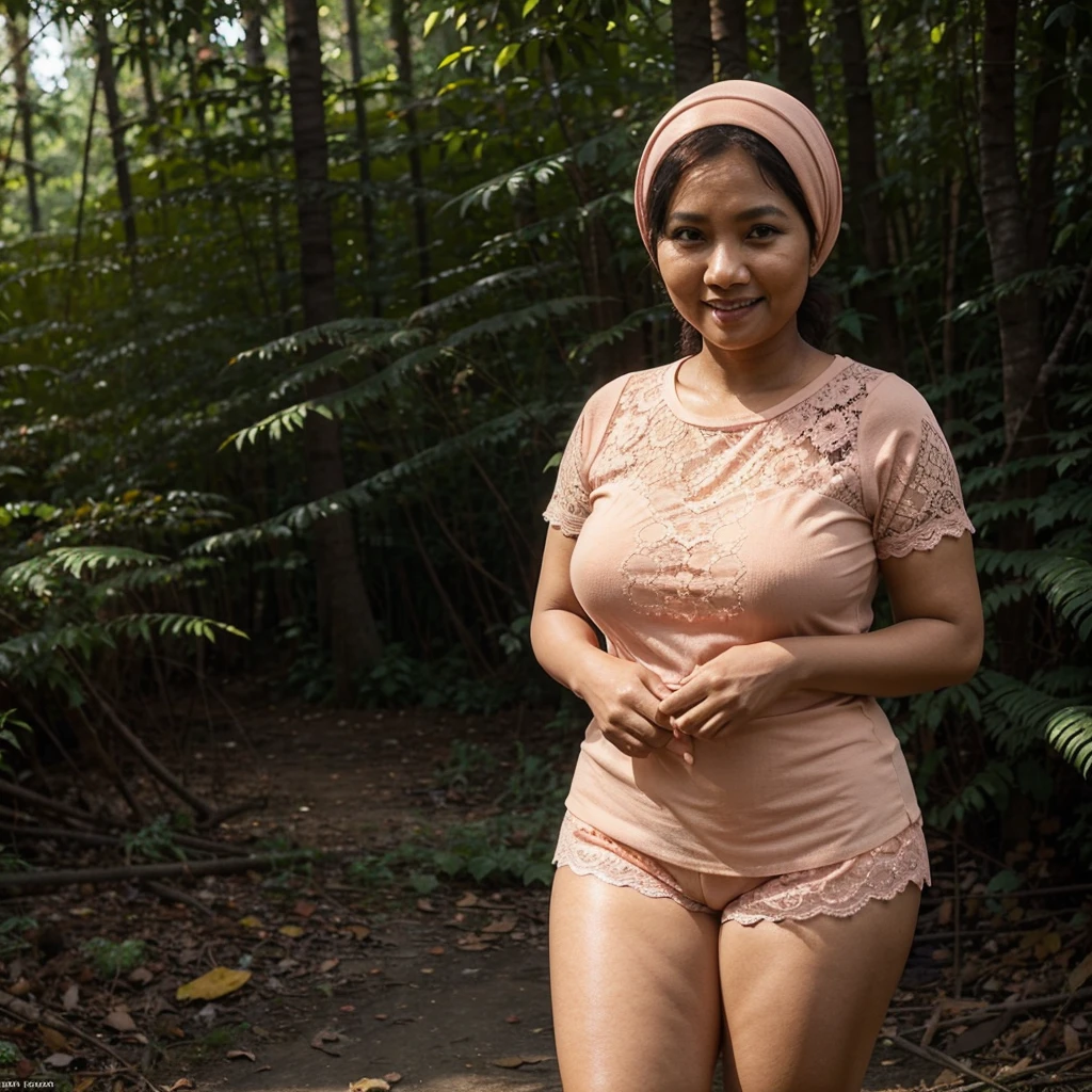 A 52 years old Indonesian woman in peach color hijab, wearing peach color lace tight t-shirt, wearing very short peach color lace shorts, villager, poor woman, darker skin, curvy body, short body, smiling and standing in a dark forest, look to the viewer with eye close