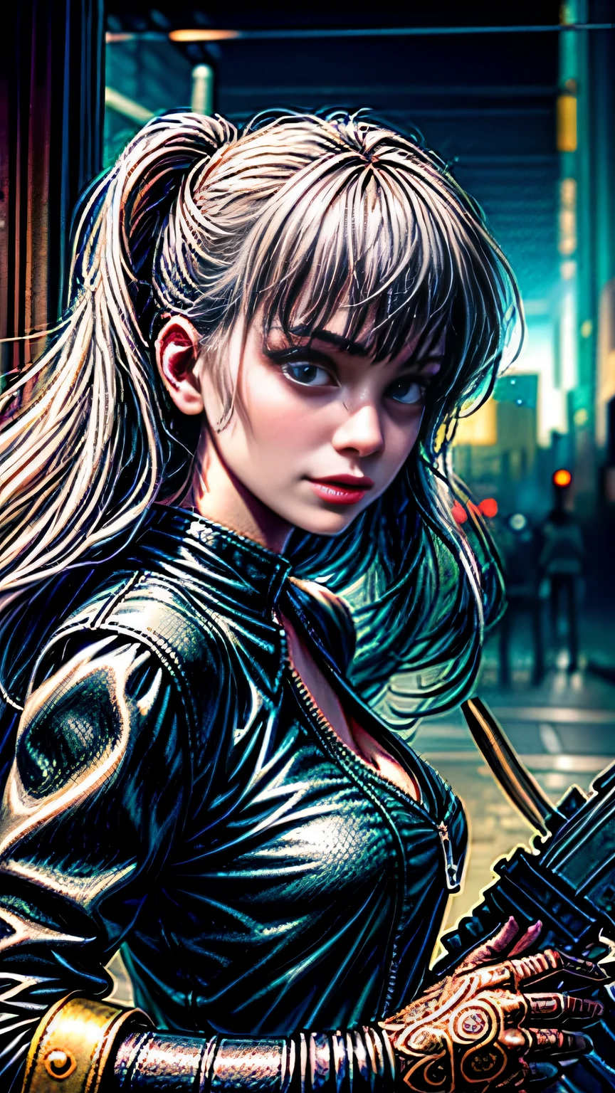(((close up of face))), highest quality, realistic, realistic, award-winning illustrations, (intricate details: 1.2), (delicate details), (intricate details), (cinematic light, highest qualityのバックライト), clear line, sharp focus, official art, unity 8k wallpaper, absurd, incredibly absurd, Large archive files, Ultra- (in_main visual_street: 1.21), (neon lamp), fantasy art, nffsw, ((Close-up photos of the award-winning Studio Triangle)),  1 girl, incredibly beautiful, (Perfect smiling mouth), small breasts,((cyberpunk cityscape, Valkyrie,knife, robot arm)),Precise in beautiful eyes,perfect face,(cyberpunk blouse, leather jacket, Martin Boots),(perfect hands and fingers),(pleated skirt)), ((Supermodel Bag)), close up of face,