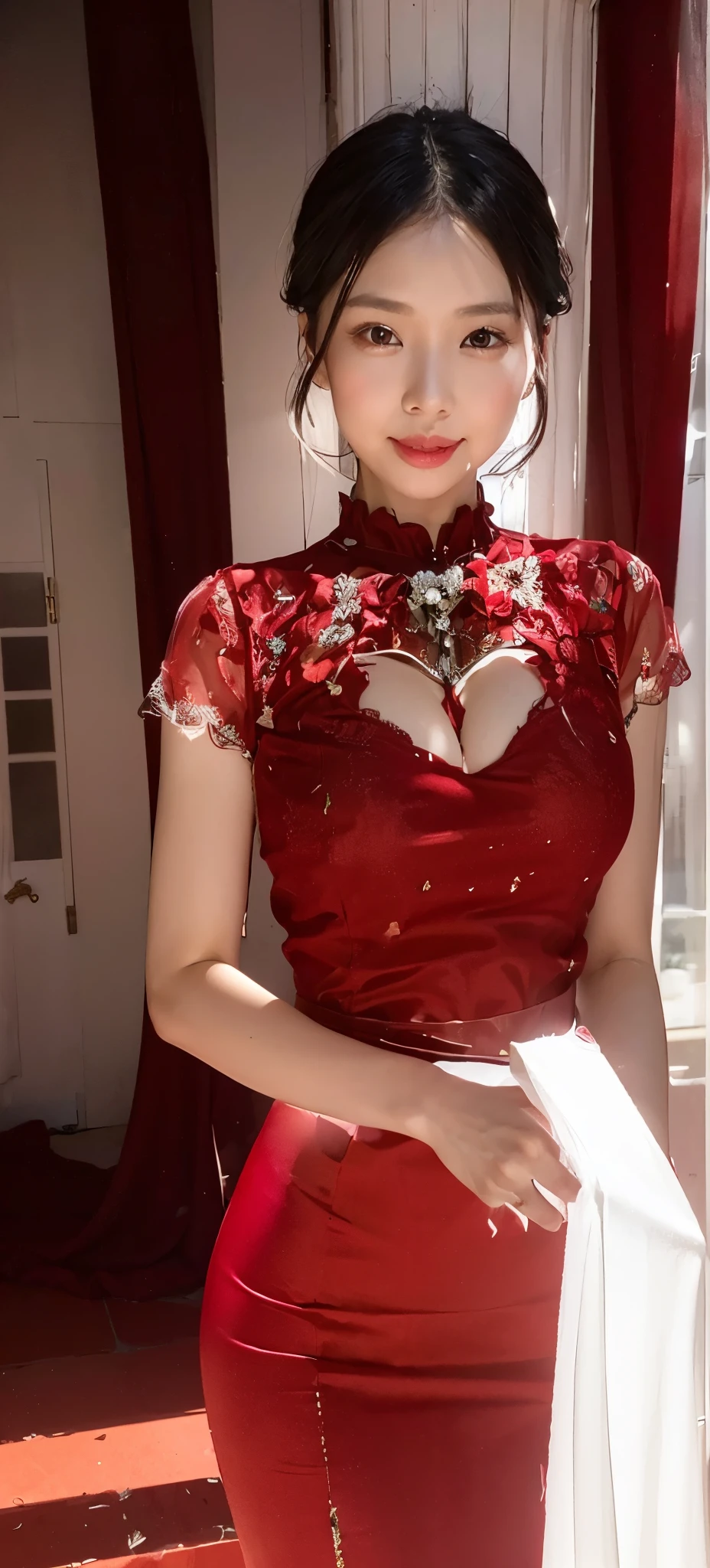 1girl,baiyi,large breasts,red lips,smile,ponytail,realistic, 1 girl, indonesian girl, 23 years old, (black hair super-long 1 meters), (very beautiful face, very sweet, sharp eyes like an angel from heaven ), (beautiful hair), actress, smile, shiny skin, best quality, masterpiece, (photorealistic:1.4), terrace seating, asian, indonesian, jakarta, denim long skirt (realistic fabric), white short sleeves (cotton fabric), (no logo), thin fingers, a woman in a red dress posing for a picture in a courtyard, a picture by Emma Andijewska, tumblr, tachisme, sexy gown, opened dress, wearing an elegant dress, fantasy long intricate gown, sexy dress, dressed beautiful gown, red gown, wearing a magnificent dress, dressed in red lace, translucent dress, extravagant dress, see through dress