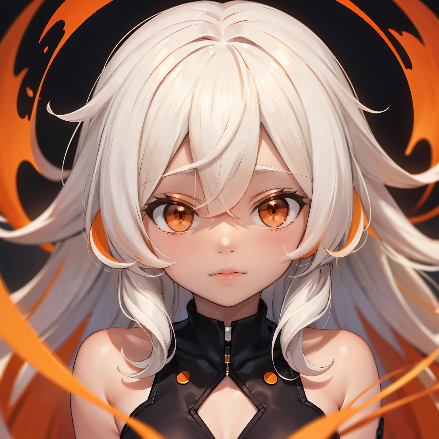 White hair, orange hair strips, long hair, orange eyes, black skin, short, small, godlike, naked, portrait, curly hair, ringlets, lòli