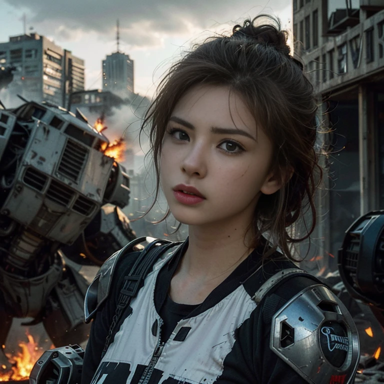 (highest quality、4K、High resolution、master piece: 1.2)、Super detailed、real: 1.37、Natural light、Portrait、surreal colors、futuristic style、Crumbling cityscape、Overgrown vegetation、Foggy atmosphere、Contrasting shadows、tattered clothes、A strong and confident gaze、Abandoned Objects、desolation、Destroyed building silhouette、vivid graffiti、Empowering pose、hair fluttering in the wind、Expressive facial features、unforgettable beauty、Dramatic sky、eerie clouds、intricate details、urban decline、post-apocalyptic setting、Ruins in nature 、Majestic Skyline、Desperate struggle、Creepy Presence、Thought of power、強化されたThought of power、intensity of emotions、Tense atmosphere、heroic attitude、intense action、Fearless Determination、Survival from all odds、Dangerous landscapes、Iconic battle、cinematic composition、epic showdown、A moment frozen in time、mysterious aura、fortitude、Women's Support、strong female protagonist、Fascinating story、Women's power、Fierce determination、Empowering Stories、Behind her is a huge(The invader's mech is on fire and about to collapse.:1.4)、antitech