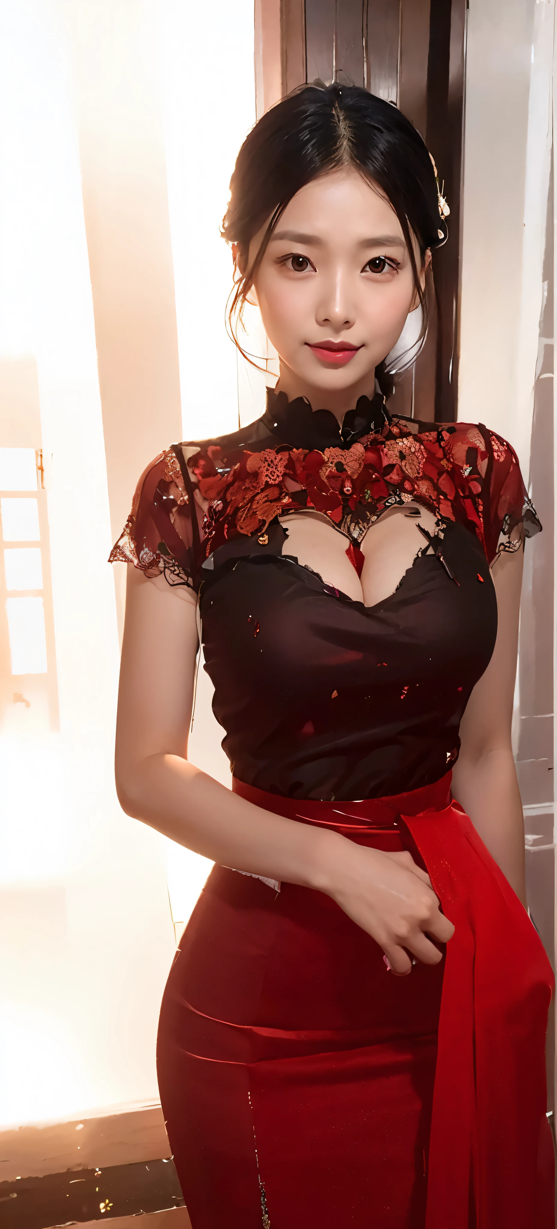 1girl,baiyi,large breasts,red lips,smile,ponytail,realistic, 1 girl, indonesian girl, 23 years old, (black hair super-long 1 meters), (very beautiful face, very sweet, sharp eyes like an angel from heaven ), (beautiful hair), actress, smile, shiny skin, best quality, masterpiece, (photorealistic:1.4), terrace seating, asian, indonesian, jakarta, denim long skirt (realistic fabric), white short sleeves (cotton fabric), (no logo), thin fingers, a woman in a red dress posing for a picture in a courtyard, a picture by Emma Andijewska, tumblr, tachisme, sexy gown, opened dress, wearing an elegant dress, fantasy long intricate gown, sexy dress, dressed beautiful gown, red gown, wearing a magnificent dress, dressed in red lace, translucent dress, extravagant dress, see through dress