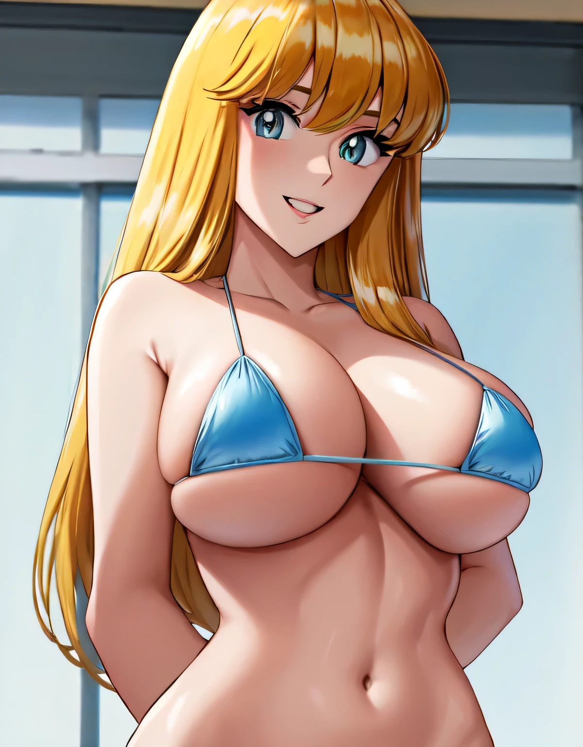 reiko_aiwaifu,Reiko Nakagawa,(large breasts:1.5),shiny,hair,((solo)),((masterpiece)),((best quality)),perfect anatomy,slim waist,perfect image,8k UHD,(beautiful detailed eyes:1.5),extremely detailed face,standing,(upper body:1.1),((look at the front)),arms behindback,ultra-detailed,absurdres,highres,(shiny hair),shiny skin,micro bikini,deep cleavage,indoor pool,blonde hair,((sensitive smile)),