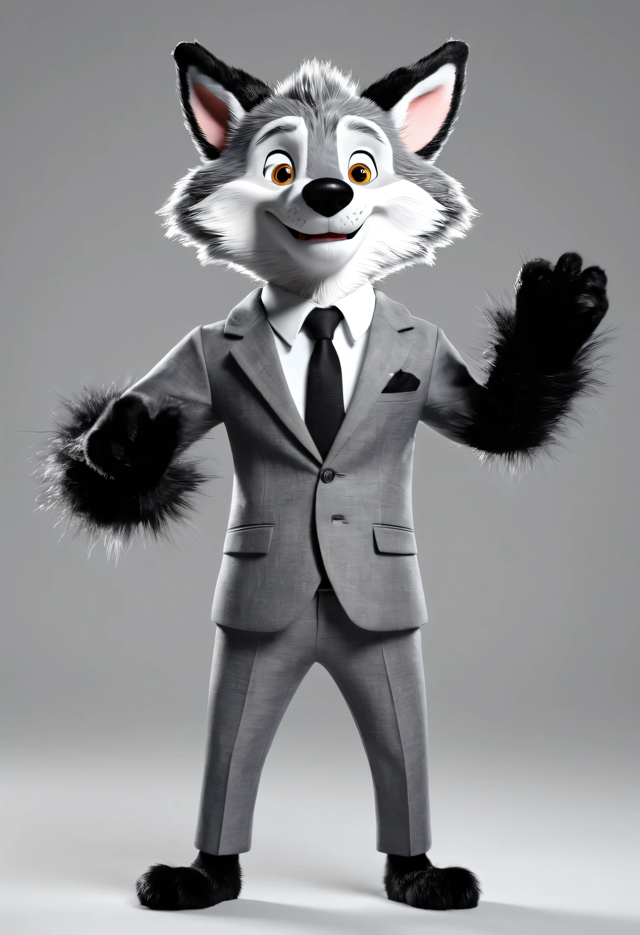Fantoche de um lobo , ( Alta qualidade: 1.2), Animation, Fotografia RAW, Plano amplo, (Explanation hand sign ), Convite verbal, He moves his arms . He has gray and black fur and is wearing a suit. , ele acena e faz um convite .