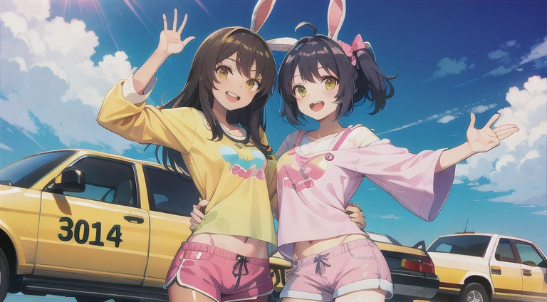 bunny girl,one girl y2k style, black hair, tan skin, pink, yellow, happy, smiling, shorts, blouse