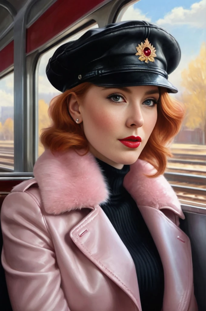 A close-up portrait of a gorgeous, beautiful, stunning russian woman wearing a classy outfit: a pale pink leather fur trench coat, a black sweater, and a newsboy cap, and pink scarf. A redhead woman from Russia, delicate red lips, pastel pink skin tone, soft flawless pale skin, elegant make-up, red lipstick. Classy, elegant, stylish redhead woman, a majestic lady, dream beauty, ethereal beauty, delicate, sensitive, tender, lovely, romantic, kind, so femenine and strong, brave, determinated woman. Elegant look, flowing and glowing wavy ginger hair. She's making a photo book, posing for camera while she's tripping by train sitting nect to windows, professional photograph, editorial photograph, portrait photograph of a russian model.
