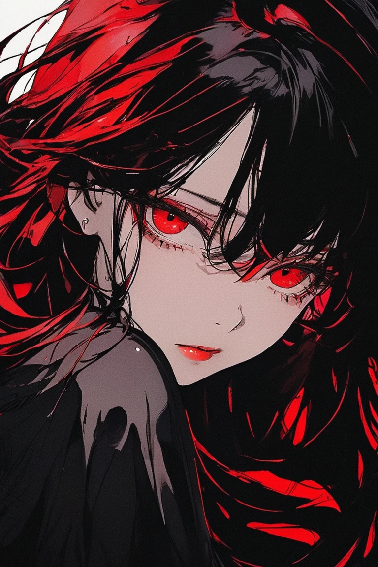 Una chica de cabello negro largo suelto, crimson red eyes. Labial rojo intenso, sombra de ojos roja , Cuerpo completo pechos muy grandes demonio, cuerpo completo completo desnuda acostada en la cama