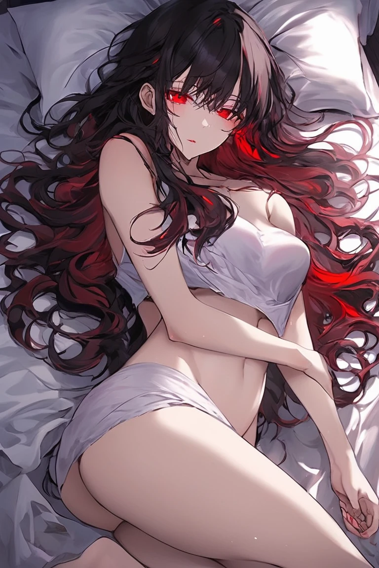 Una chica de cabello negro largo suelto, crimson red eyes. Labial rojo intenso, sombra de ojos roja , Cuerpo completo pechos muy grandes demonio, cuerpo completo completo desnuda acostada en la cama