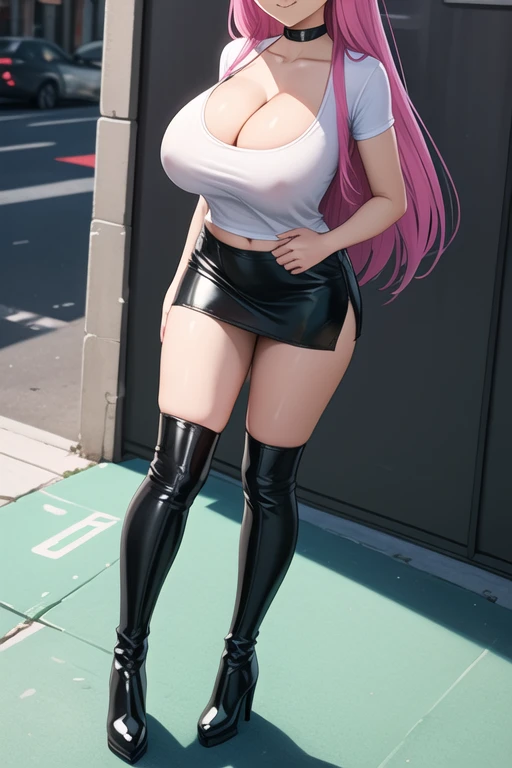 1 girl, 19 years old, Long pink hair, green eyes with slit pupils, master-piece, best quality, (standing up), (white shirt), (tight white v-neck crop t-shirt, black leather pencil mini skirt, patent leather high heel boots, cleavage),  (Big , ultra gigantic , Super super big, Glamorous body), Make eye contact with the camera, front figure, looking forward, (light_Smile:1.5), (Detailed hands and fingers:1.2) (Cyberpunk City), (FULL BODYSHOT), thighs thighs thighs thighs、beauty legs、