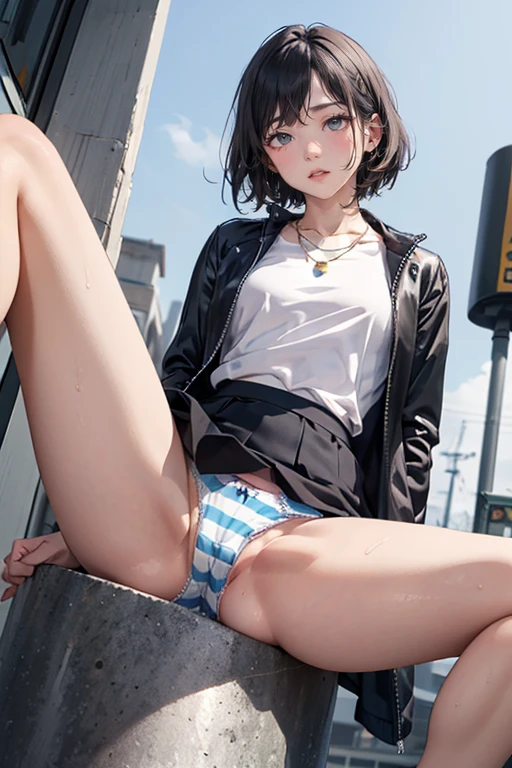 High definition full color image, atmospheric perspective, 8K, Super detailed, Accurate, highest quality, angle from below, woman, ((realistic skin)), black hair、short hair、droopy eyes, ecstasy, sleepy, small eyes, (((Straddle to apply panties to thin decorative aluminum bollards))), small earrings, thin necklace, (Jacket, thin shirt, skirt、Striped panties), (spread legs), (((The swollen areolas are visible through the shirt., under the hair))), hide her crotch with a skirt, in an outdoor factory area,ahegao facial:1.5、Sweat
