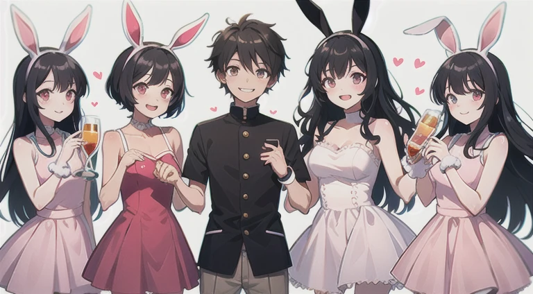 bunny girl, only one girl y2k, style, black hair, tan skin, pink dress, happy, smiling, shorts