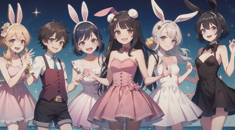 bunny girl, only one girl y2k, style, black hair, tan skin, pink dress, happy, smiling, shorts