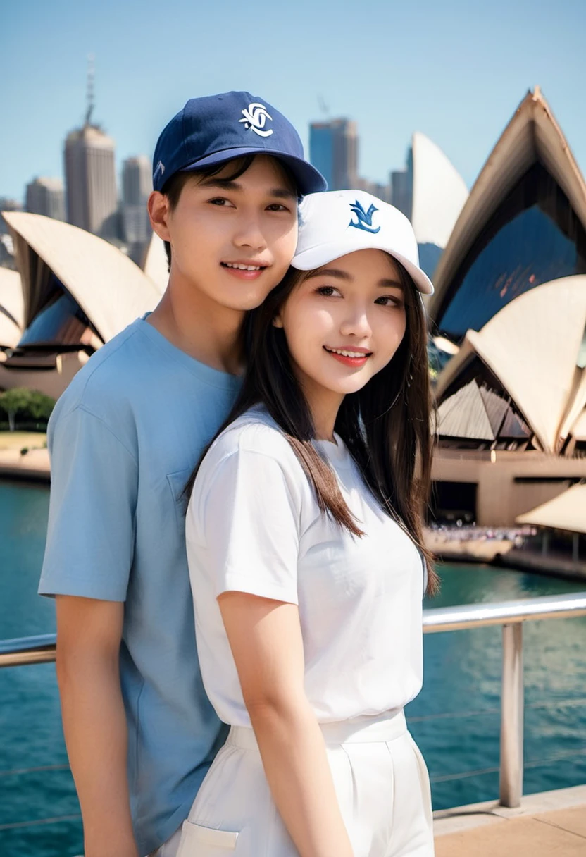 ASIAN couple, 22 year old man with short hair, white Levis trousers, Snapback hat, wearing white Nike shoes. plain white short t-shirt. 20 year old beautiful Asian woman. Long straight black hair, neat, wearing a plain white t-shirt, baseball cap, wearing dark blue Levis trousers. the two of them walked hand in hand, very romantic, full of smiles. both t-shirts say (I love 💜)background
Sydney Opera House, in the morning
HD resolution, hyperrealistic, real., photo, cinematic, fashion