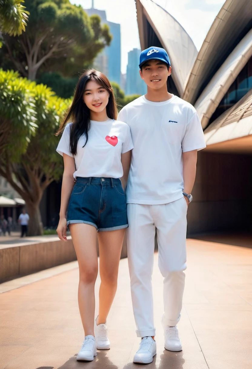 ASIAN couple, 22 year old man with short hair, white Levis trousers, Snapback hat, wearing white Nike shoes. plain white short t-shirt. 20 year old beautiful Asian woman. Long straight black hair, neat, wearing a plain white t-shirt, baseball cap, wearing dark blue Levis trousers. the two of them walked hand in hand, very romantic, full of smiles. both t-shirts say (I love 💜)background
Sydney Opera House, in the morning
HD resolution, hyperrealistic, real., photo, cinematic, fashion