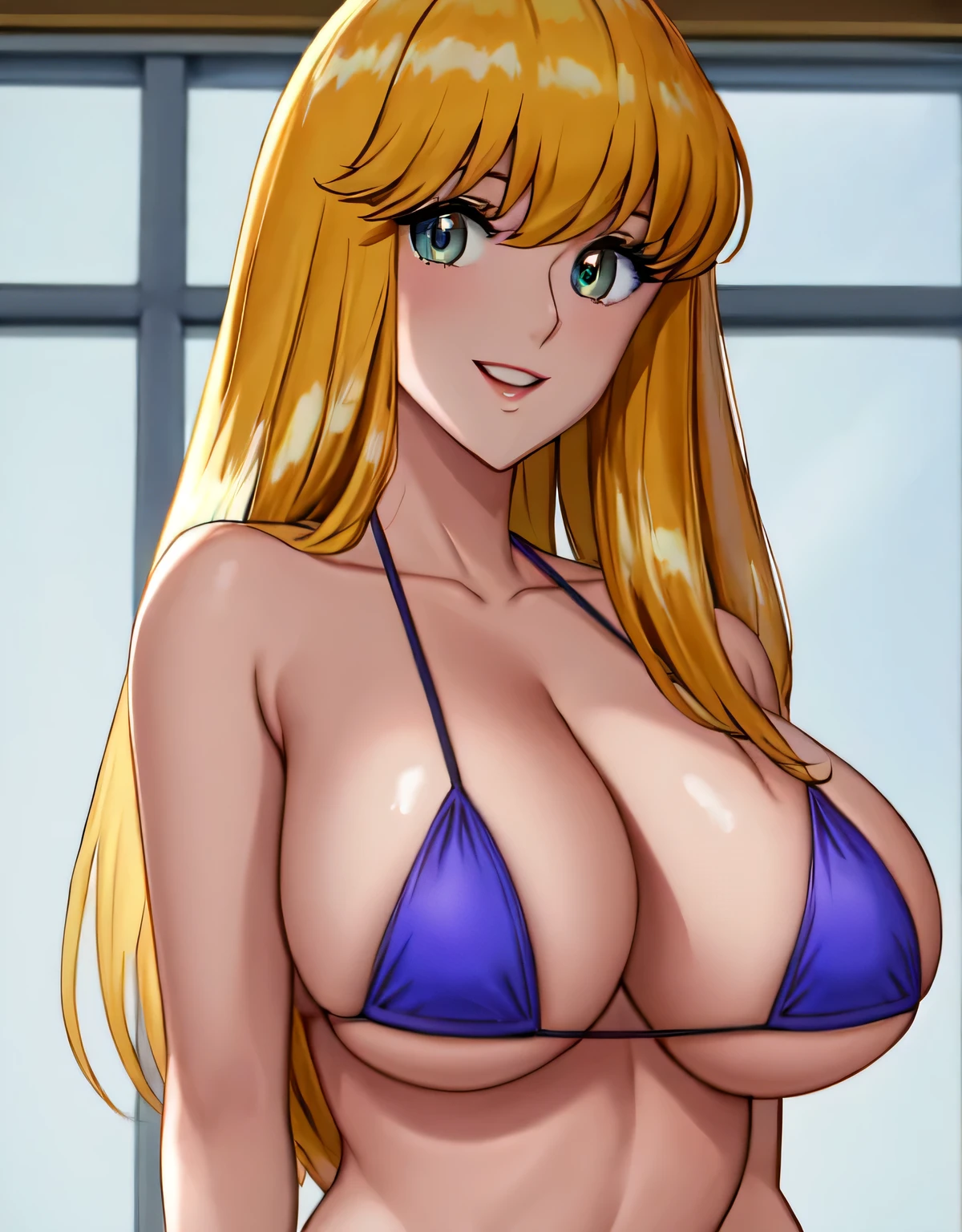 reiko_aiwaifu,Reiko Nakagawa,(large breasts:1.5),shiny,hair,((solo)),((masterpiece)),((best quality)),perfect anatomy,slim waist,perfect image,8k UHD,(beautiful detailed eyes:1.5),extremely detailed face,standing,(upper body:1.1),((look at the front)),arms behindback,ultra-detailed,absurdres,highres,(shiny hair),shiny skin,micro bikini,deep cleavage,indoor pool,blonde hair,((sensitive smile)),