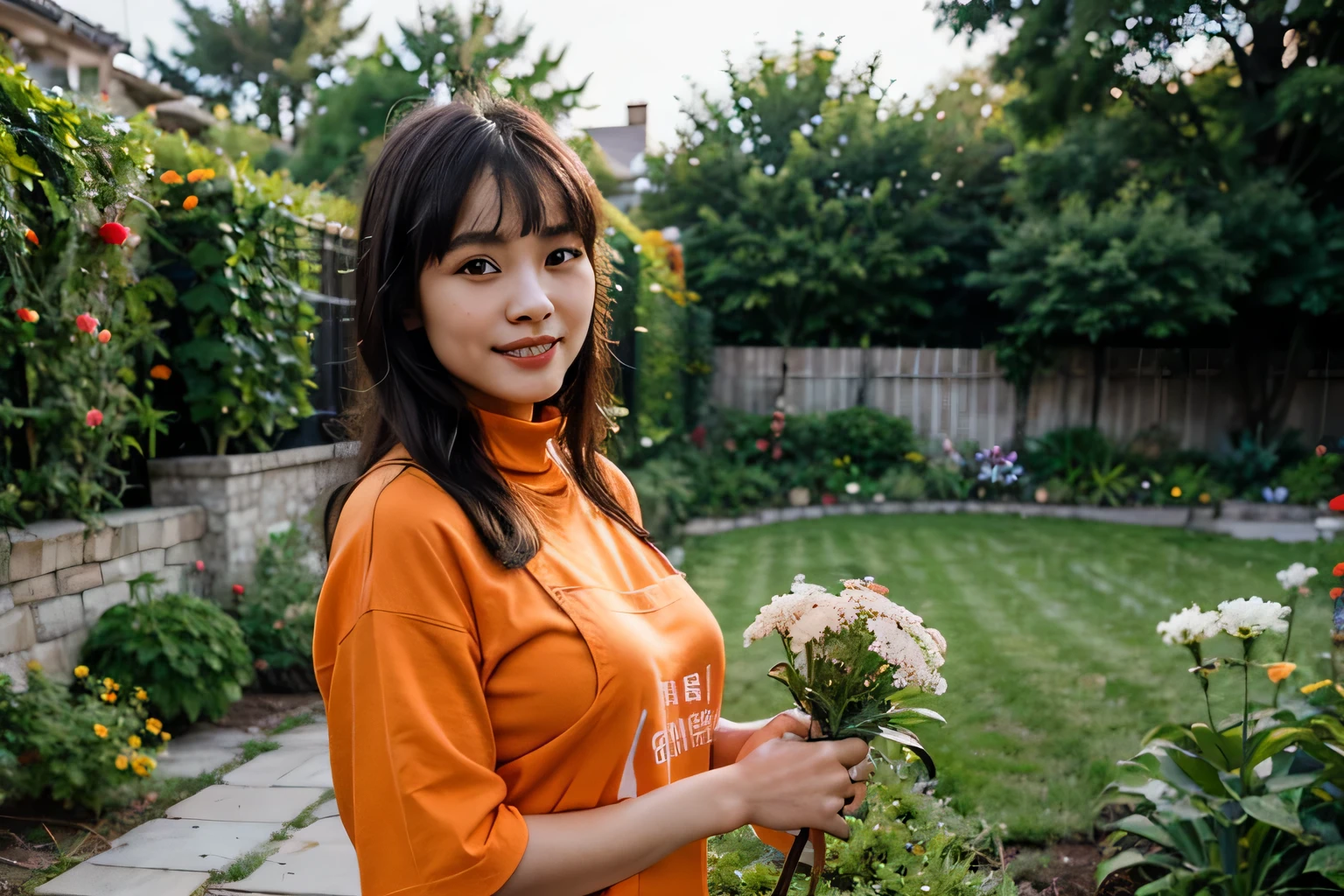 Super realistic, a Chinese woman is gardening in a beautiful garden with all kinds of flowers with gentle sweet smile, black hair with bangs, perfect face, wearing orange colour gardening apron, turtleneck T-shirt, holding a pot of flower, masterpiece,