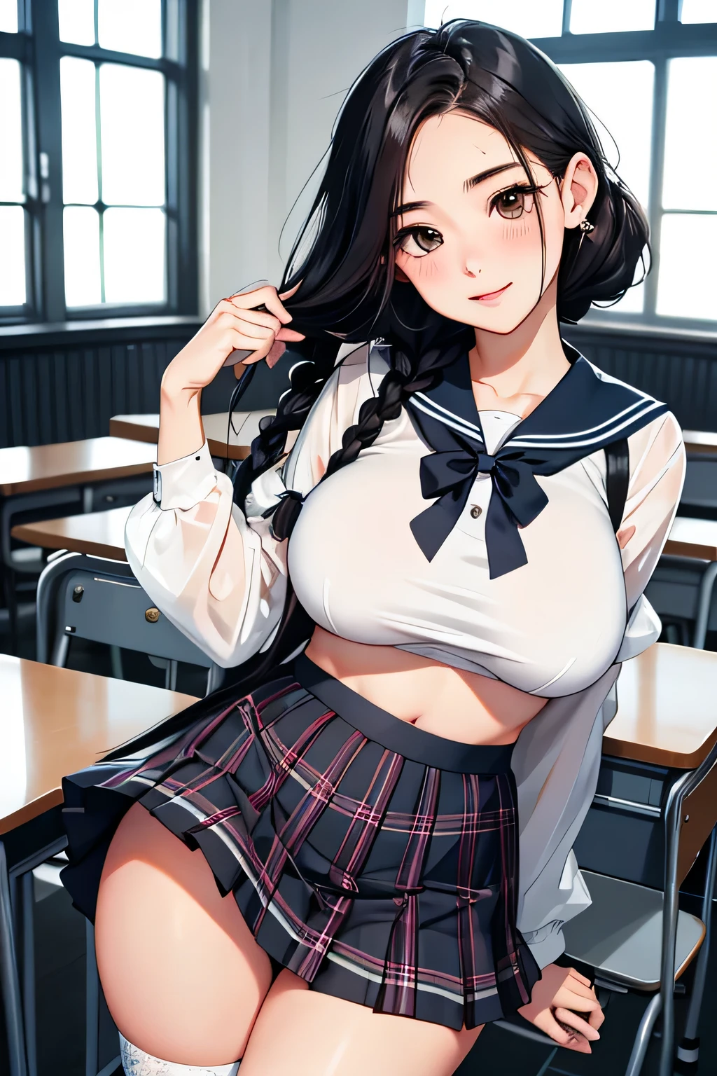 (highest quality:1.4)、High resolution、detailed background)、(detailed beautiful face:1.4)、detailed facial expressions、anatomically correct、beautiful and smooth skin、skin texture、professional lighting、beautiful teenage girl、(two beautiful girls)、(huge breasts:1.3)、
cute hair color、braided bob、braided ponytail、realistic、perfect body line、thick thighs、Attractive big ass、cute gesture、cute、sexual expression、Sexual buttocks、
See-through sailor suit、cute white sailor collar、Pleated mini skirt with tartan plaid pattern、white knee high socks、petticoat、white lace panties、In the classroom、
Skirt underneath, Skirt underneath (close-up underwear from below), from below, Are standing, butt focus、smile, sexual expression、underboob、panty shot、cameltoe