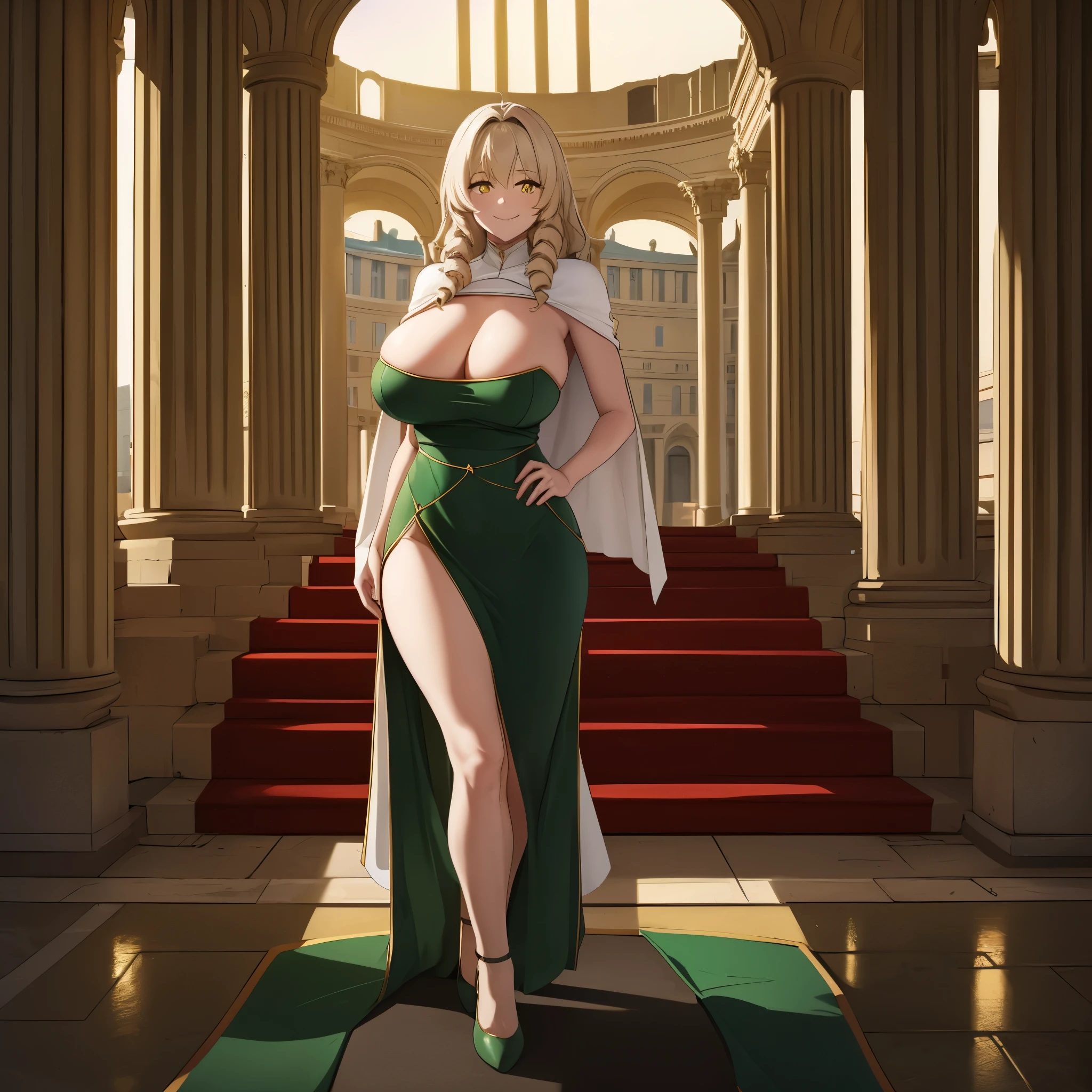 A woman wearing a sophisticated green dress, a classic Roman coliseum behind, pillars in the background, stone floor, at night, place lit with green and red lights, long beige hair, yellow eyes, smiling, a white fur cape, big breasts,HDR, very detailed, ultra resolution, masterpiece. 8k hd.
