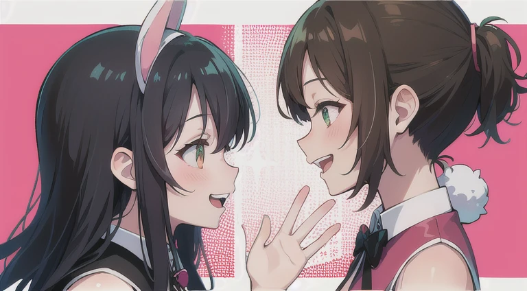 bunny girl, only one girl y2k, style, black hair, tan skin, pink dress, happy, smiling, profile picture 
