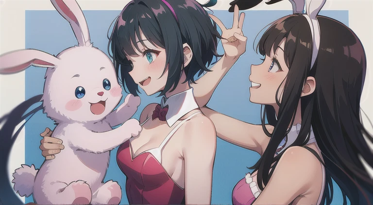 bunny girl, only one girl y2k, style, black hair, tan skin, pink dress, happy, smiling, profile picture