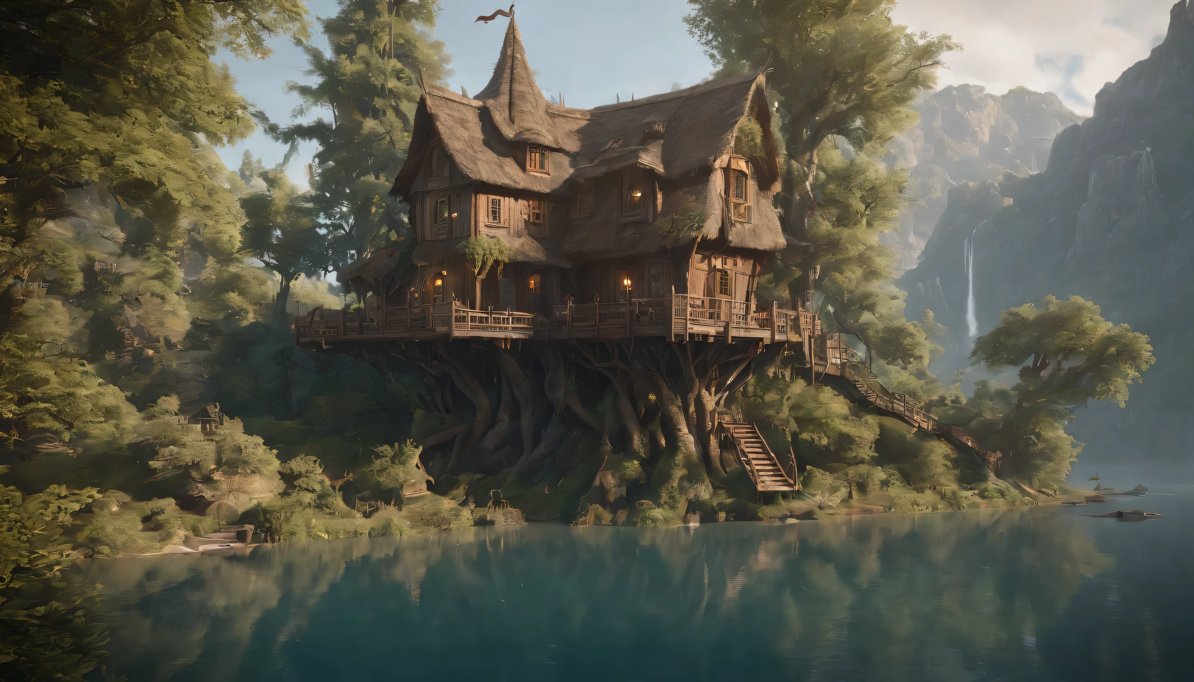 There is a painting of a tree house in the middle of the lake, cyberpunk tree house, highly detailed fantasy art, environment concept art, tree town, Art fantastique grand angle, made of tree and fantasy valley, fantasy highly detailed, highly realistic concept art, Digital 2D fantasy art,Realism,8K