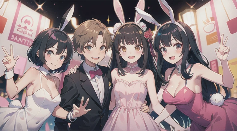 bunny girl, only one girl y2k, style, black hair, tan skin, pink dress, happy, smiling, adult woman