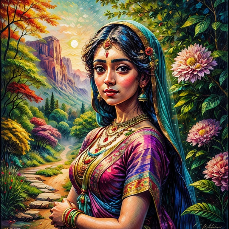 a stunning oil painting on canvas of a beautiful woman,  in the style of Madhubani painting, post-impressionism, impressionistic landscapes, pastel colors, impressionistic portraits