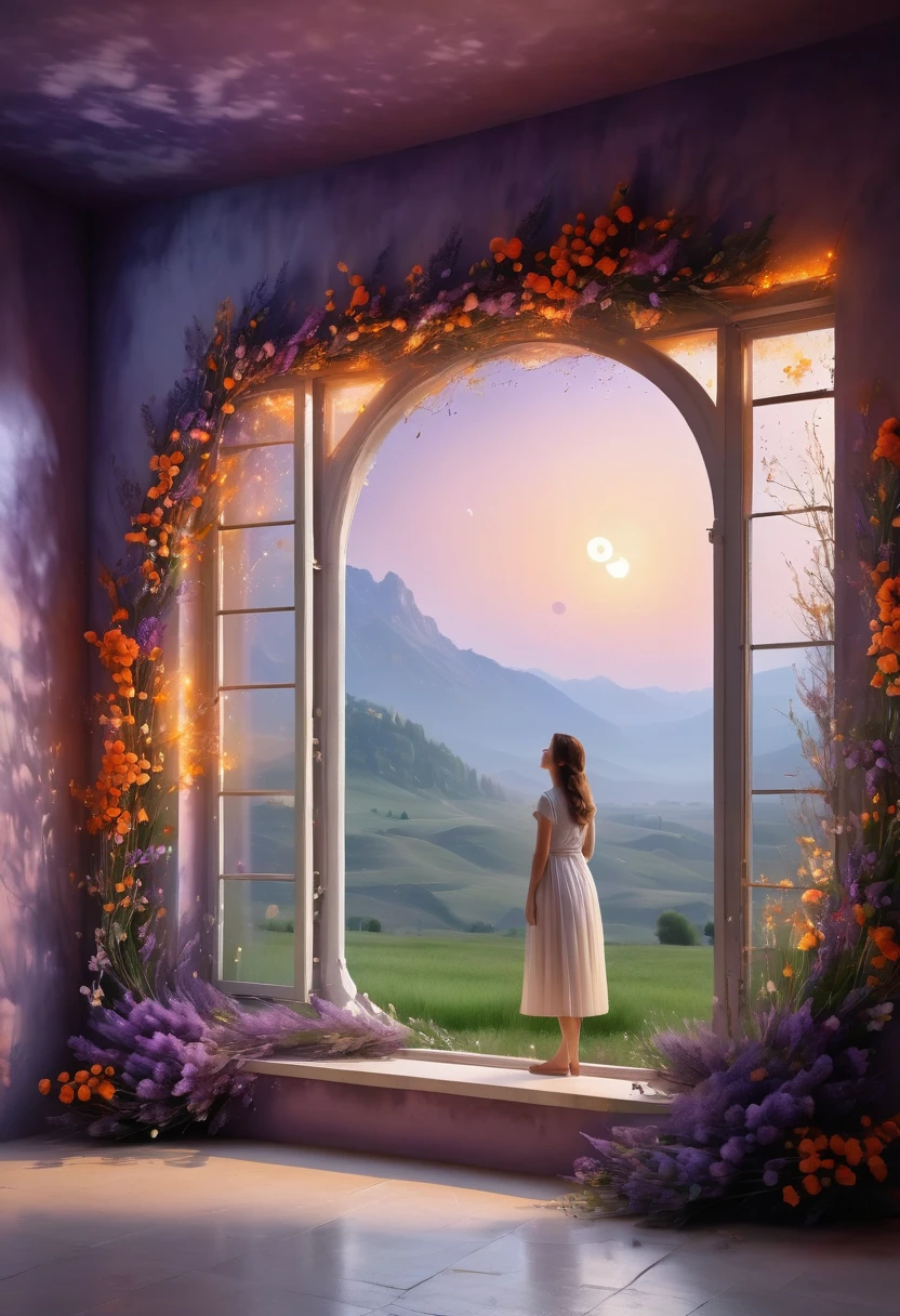 Windows in Roman architectural style，Girl standing by the window，The scenery outside the window，Looking out from the window，vast landscape photos, (A view of the sky and the wilderness below),  Standing in the flower field and looking up, (full moon: 1.2), (meteor: 0.9), (nebula: 1.3), distant mountains, The art of tree folding, (Warm light source: 1.2), (firefly: 1.2), lamp, purple and orange, intricate details, Volumetric lightingBREAK (masterpiece: 1.2), (best quality ), 4K, Super detailed, (Dynamic configuration: 1.4), Highly detailed and colorful details (iridescent: 1.2), (sparkling lights, mood lighting), fantastic, magic, (alone: 1.2)