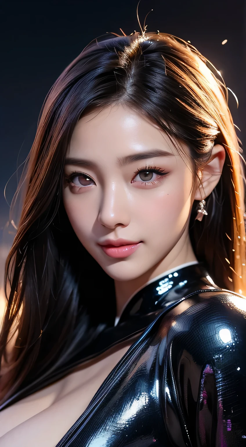 Beautiful woman in kimono,body portrait、8k,fine and beautiful eyes,Dindal effect、masterpiece, 最high quality, high quality, High resolution、very detailed photos、(natural skin texture、fine skin、hyper realism、Super sharpness)、high detail skin、(very detailed、fine skin texture、intricate details、beautiful face、(lifelike face)、realistic eyes、beautiful and detailed eyes、real looking skin、beautiful skin、surreal、very detailed、golden ratio、with smiling eyes、((night moonlight background))、body portrait、G cup、big breasts,Oily muscle、shiny skin、glamorous,shiny bodysuit