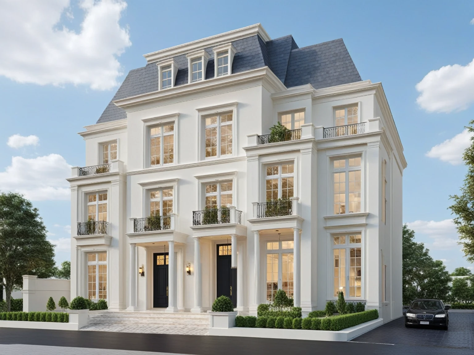 Architectural style Architectural style,  ((Classic Style House)),(masterpiece) , ((best quality)), dramatic lighting, high quality outdoors, sky, day, cloud, tree, blue sky, building, scenery, road, real world location,  sunlight, enough detail, high resolution,super realistic, Photorealistic, highly detailed, balcony, plants, door, car, truck, parking slot, paving, . Clean lines, architectural drawing, highly detailed  , . Clean lines, geometric shapes, minimalist, modern, architectural drawing, highly detailed