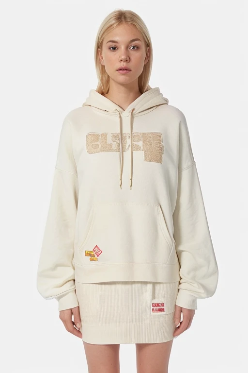 A full body blond woman swears an solid white ((off-hoodie)) sweatshirt with a front pocket. She also wears a crochet white skirt.The (((background is solid white)). cinematic, kodak portra 400.