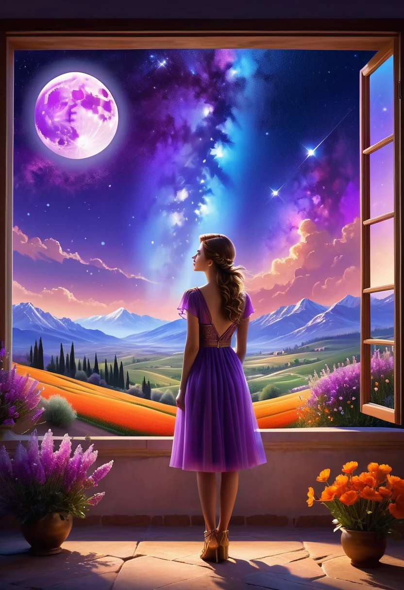 Windows in Roman architectural style,Girl standing by the window,The scenery outside the window,Looking out from the window,vast landscape photos, (A view of the sky and the wilderness below), Standing in the flower field and looking up, (full moon: 1.2), (meteor: 0.9), (nebula: 1.3), distant mountains, The art of tree folding, (Warm light source: 1.2), (firefly: 1.2), lamp, purple and orange, intricate details, Volumetric lightingBREAK (masterpiece: 1.2), (best quality ), 4K, Super detailed, (Dynamic configuration: 1.4), Highly detailed and colorful details (iridescent: 1.2), (sparkling lights, mood lighting), fantastic, magic, (alone: 1.2)