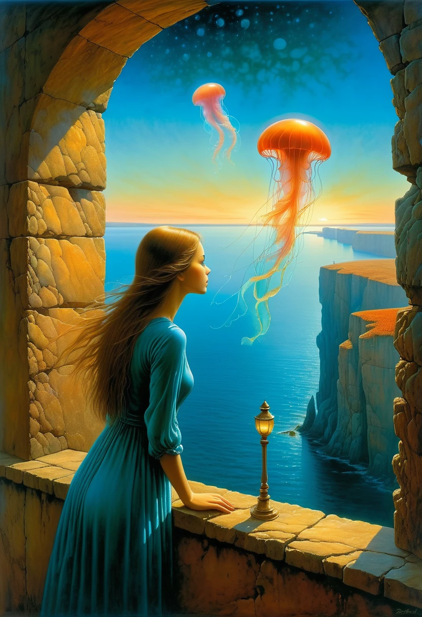 The scenery outside the window,Looking out from the window,Girl looking into the distance at the window,The Faceless Stone Woman on the Bridge,Handheld Light,Background with jellyfish, With the sky as a background, Brome's Art, Magic artwork, super fine, Fantasy Art Surrealism Beksinski