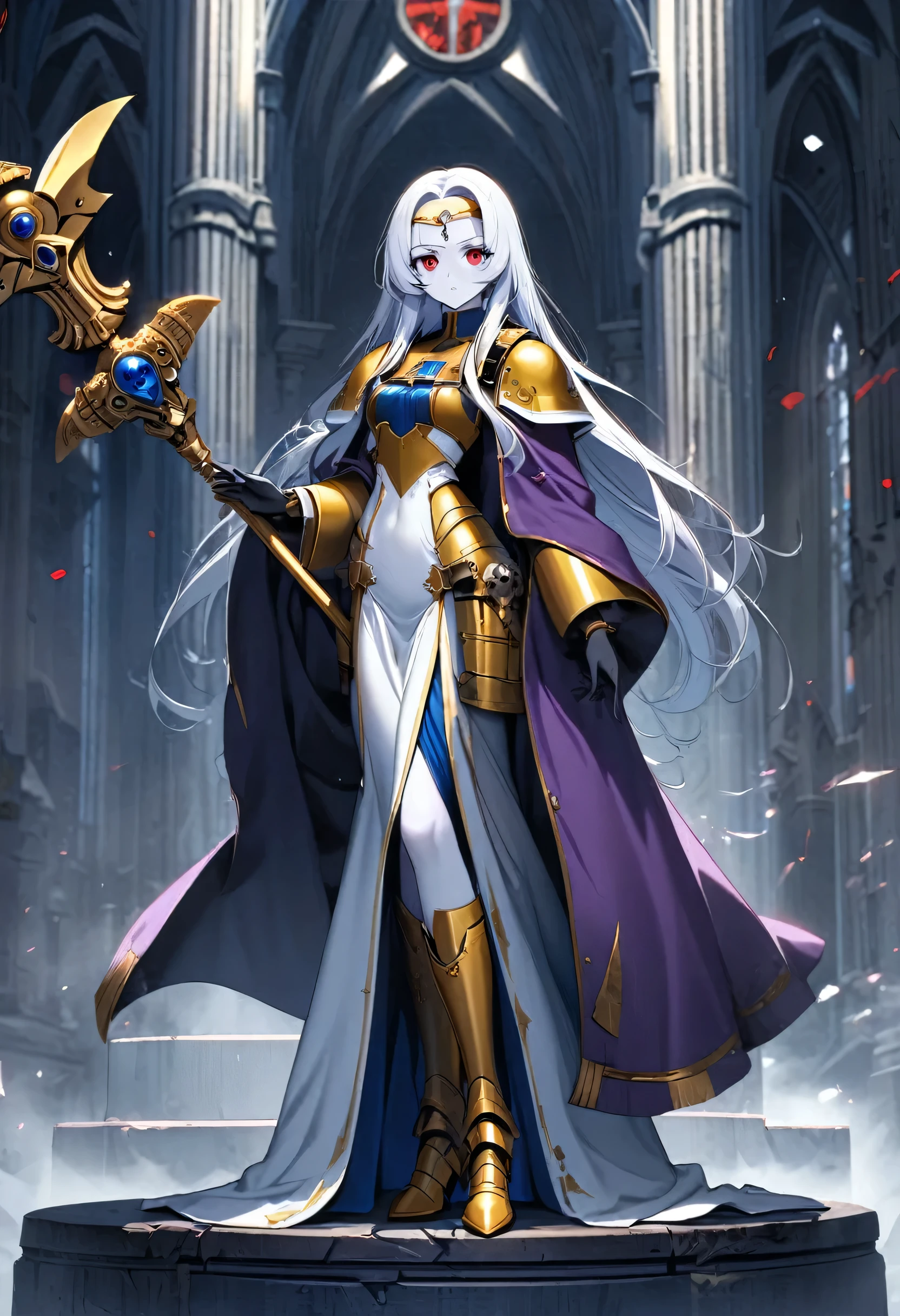 anime - style, Female Priestess, Female, Warhammer 40k, Solo, Detailed Face, Blue Cloth, White Trim, Full Body, White Hair, Long Hair, Neat Hair, Tall, Slender, Gold Armor, Science Fiction, Looking at Viewer, Church, Purple Robe, One Staff, White Skin, Red eyes, Expressionless, Cassia Orsellio, Gold Circlet, Long Cloak, No Bangs, Blue Jewl, Bored, Kuudere,