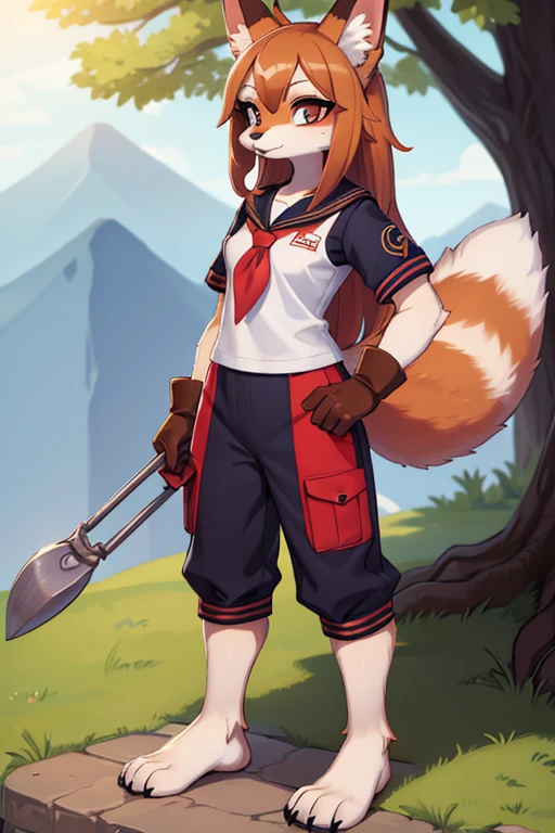 female2animal, fox and raccoon, Furry, beastman, animal hair, tail, sailor suit, short sleeve, Jersey pants, long pants, gloves, barefoot, man's daughter