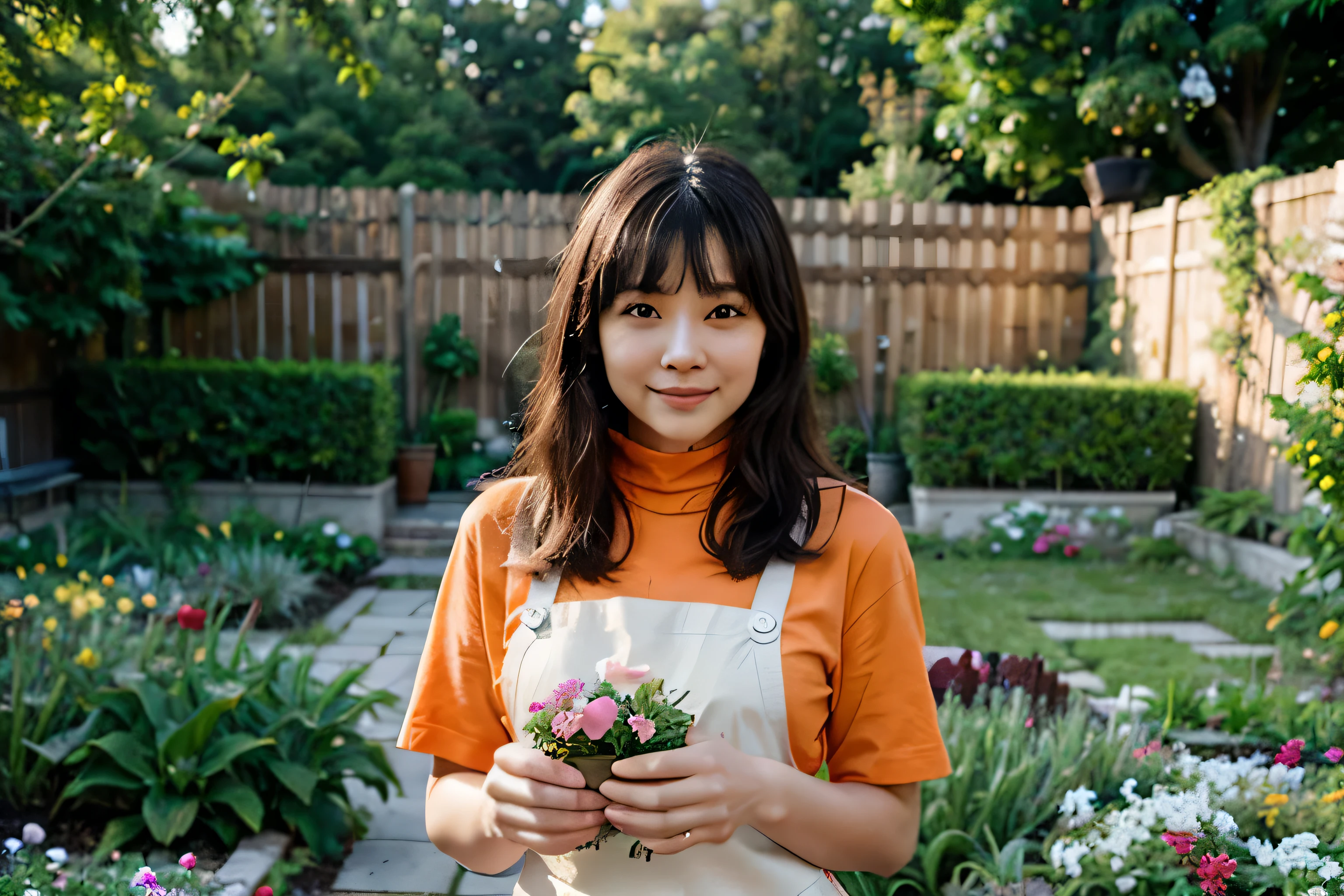Super realistic, a Chinese woman is gardening in a beautiful garden with all kinds of flowers with gentle sweet smile, black hair with bangs, perfect face, wearing orange colour gardening apron, turtleneck T-shirt, holding a pot of flower, masterpiece, 