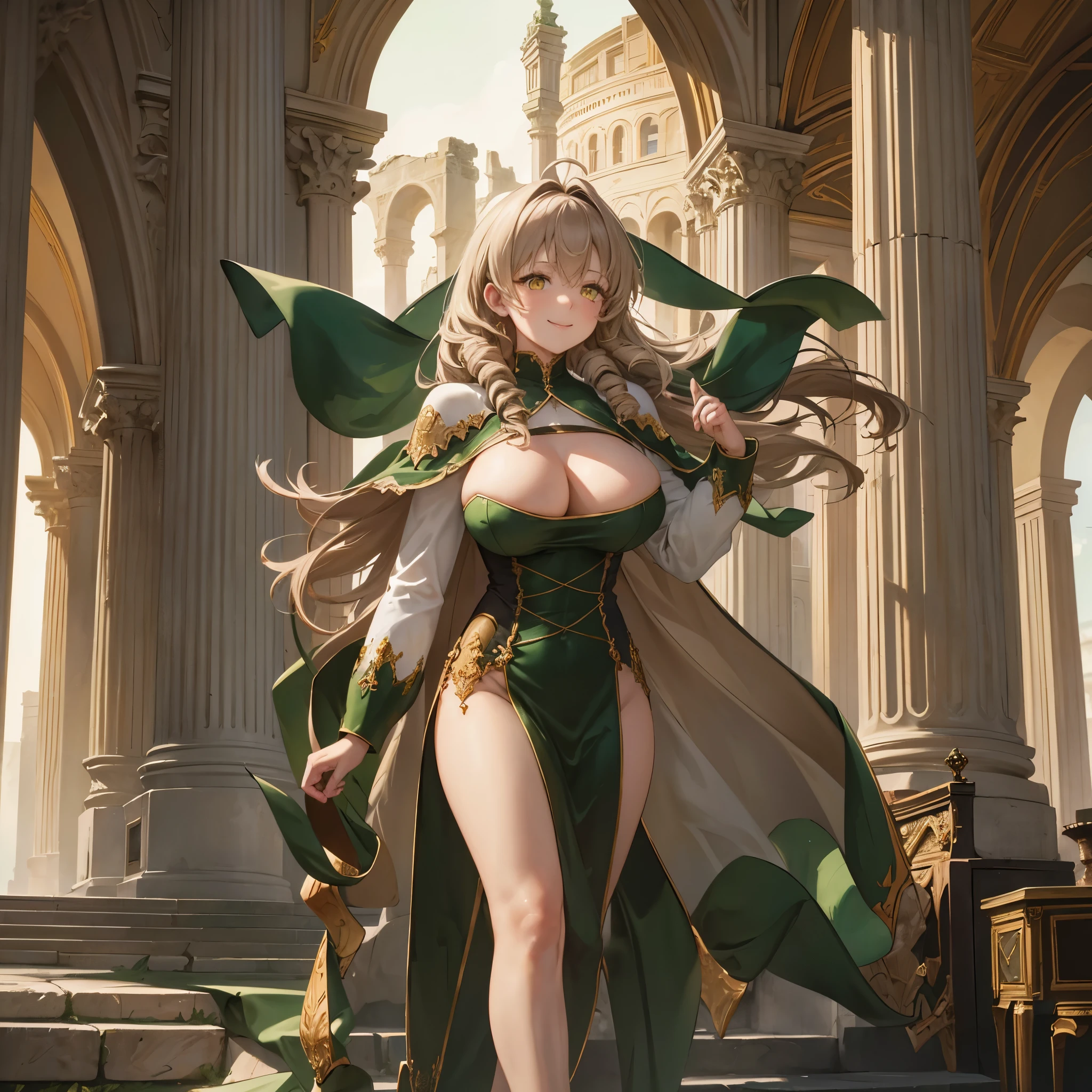 A woman wearing a sophisticated green dress, a classic Roman coliseum behind, pillars in the background, stone floor, at night, place lit with green and red lights, long beige hair, yellow eyes, smiling, a white fur cape, big breasts,HDR, very detailed, ultra resolution, masterpiece. 8k hd.
