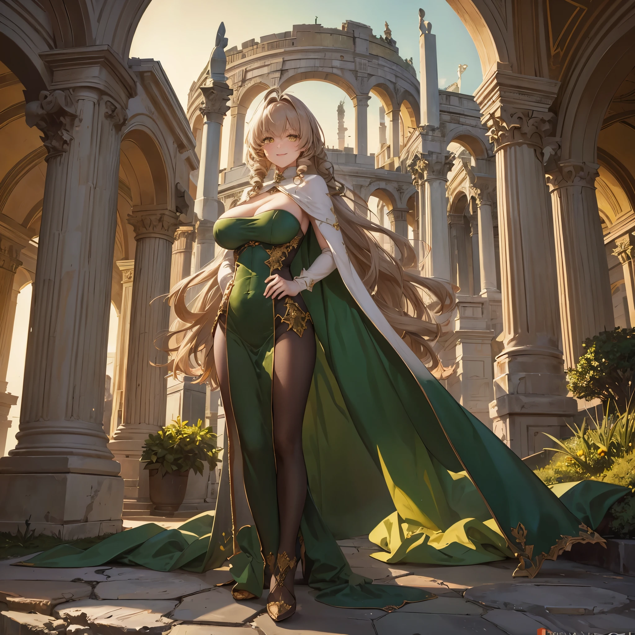 A woman wearing a sophisticated green dress, a classic Roman coliseum behind, pillars in the background, stone floor, at night, place lit with green and red lights, long beige hair, yellow eyes, smiling, a white fur cape, big breasts,HDR, very detailed, ultra resolution, masterpiece. 8k hd.
