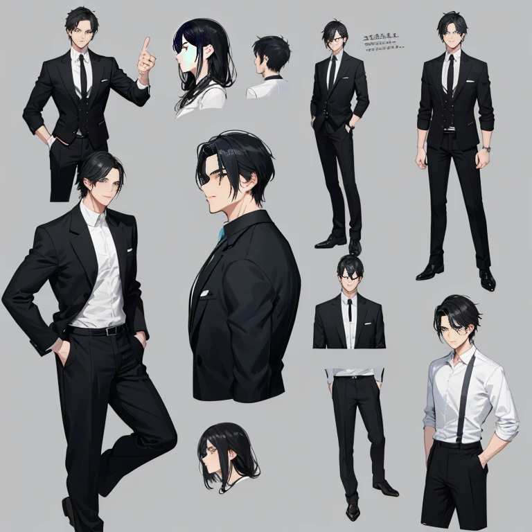 Man with  cool black hair, , CharacterDesignSheet, diferentes poses, Different angles, in a black white shirt，CharacterDesignSheet, diferentes poses, Different angles, with a simple background, highly detailed