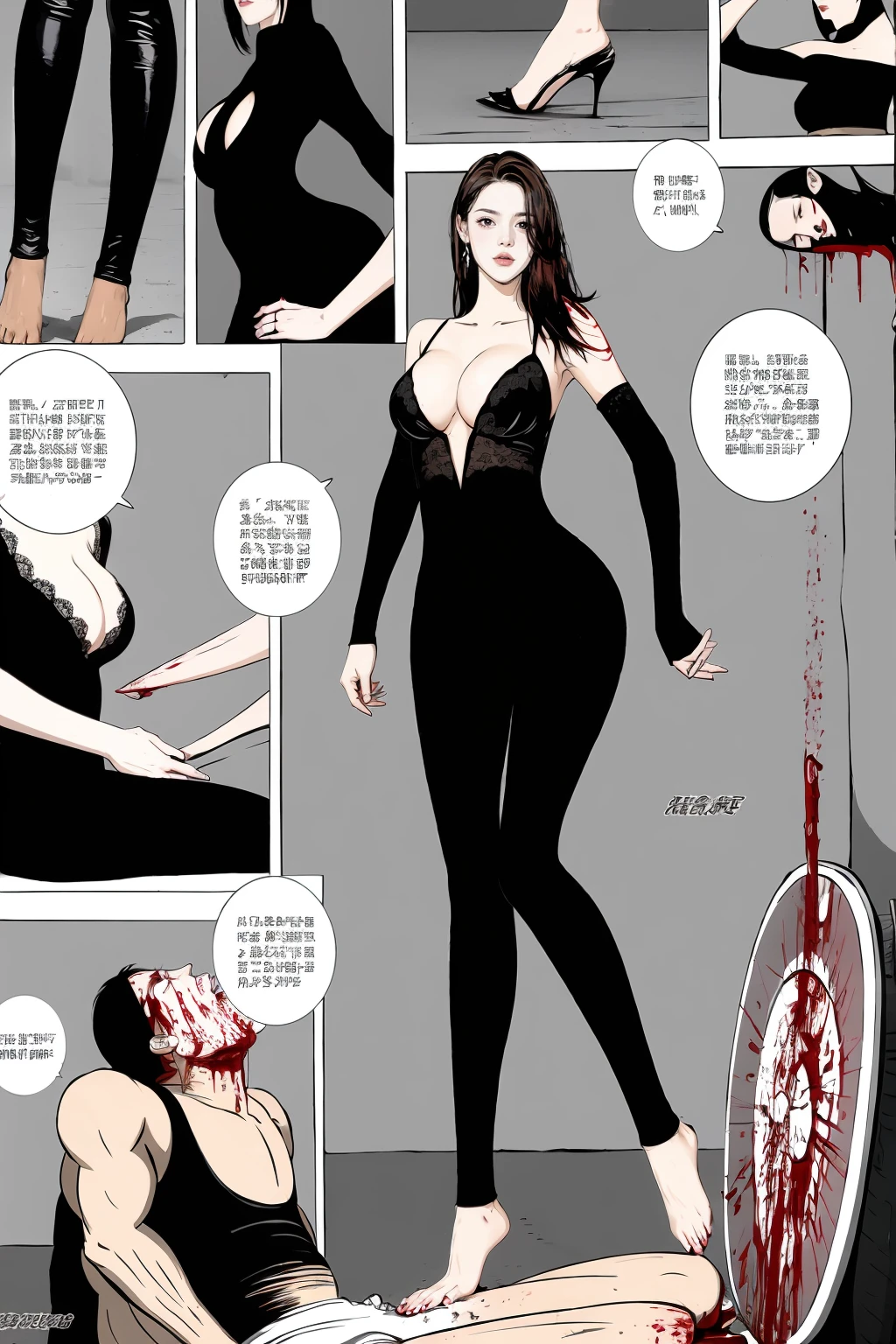 comic storyboard,realistic,3d,Unreal Engine 5,skin texture,anatomically correct,1beautiful girl, long hair,smile,barefoot,lace top,sexy, shiny leggings, thin gap,camel toe,high heels,cleavage,crossed legs,large breasts,leg tattoo,long hair,smile,toenails,) standing,trample,cuts,defloration,indoor,couple,femdom,hetero,saliva , mucus,femdom,blood on clothes,blood on hands,blood splatter,open mouth,kneeling man,sit,trembling man,dead man,sit,bruise man,lying man,man cum,bleeding man,(masterpiece, best quality:1.2)