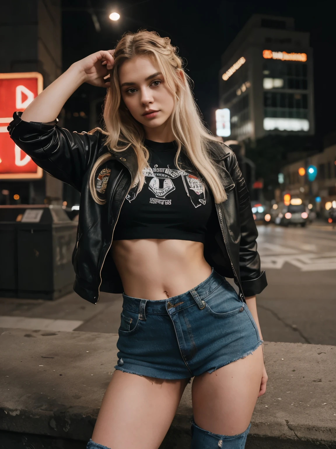 Beautiful blonde 24 years old woman, lolalove, asymmetrical hairstyle, wearing black denim jacket with metal band patches, white metal band t-shirt,  heavy metal concert, college skirt, neon lights, canon 18 mm, night, realistic portrait, highly detailed, analog style, deep cleavage, metal band playing behind her, victory sign