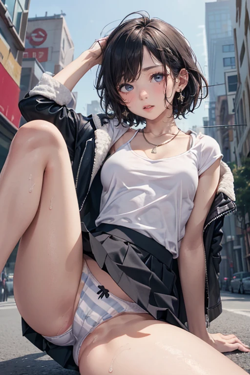 High definition full color image, atmospheric perspective, 8K, Super detailed, Accurate, highest quality, angle from below, woman, ((realistic skin)), black hair、short hair、droopy eyes, ecstasy, sleepy, small eyes, (((Sexy poses in the city))), small earrings, thin necklace, (Jacket, thin shirt, skirt、Striped panties), (spread legs), (((The swollen areolas are visible through the shirt., under the hair))), hide her crotch with a skirt,,ahegao facial:1.5、Sweat