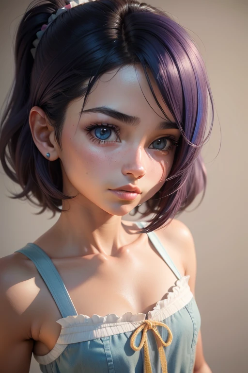 um close up de um personagem de desenho animado angustiado, feminino mini bonito, bonito 3 d render, introspectiva render hiper realista, lindo cabelo suavemente azul, 3 d render stylized, arte digital detalhada bonito, painting digital adorable, Retrato de uma adolescente feminina, maya render, Arte em Artstation, render de uma anime 3d bonito, (small breasts:1.3)